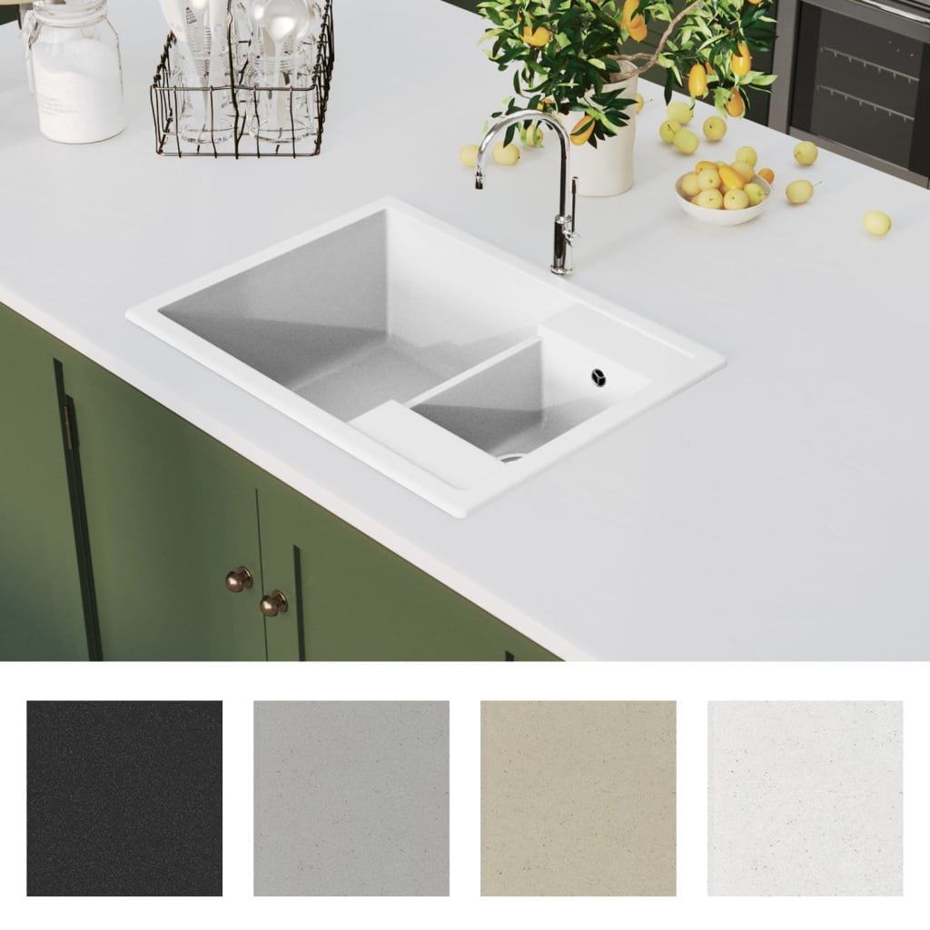 Kitchen Sink with Overflow Hole Double Basins White Granite