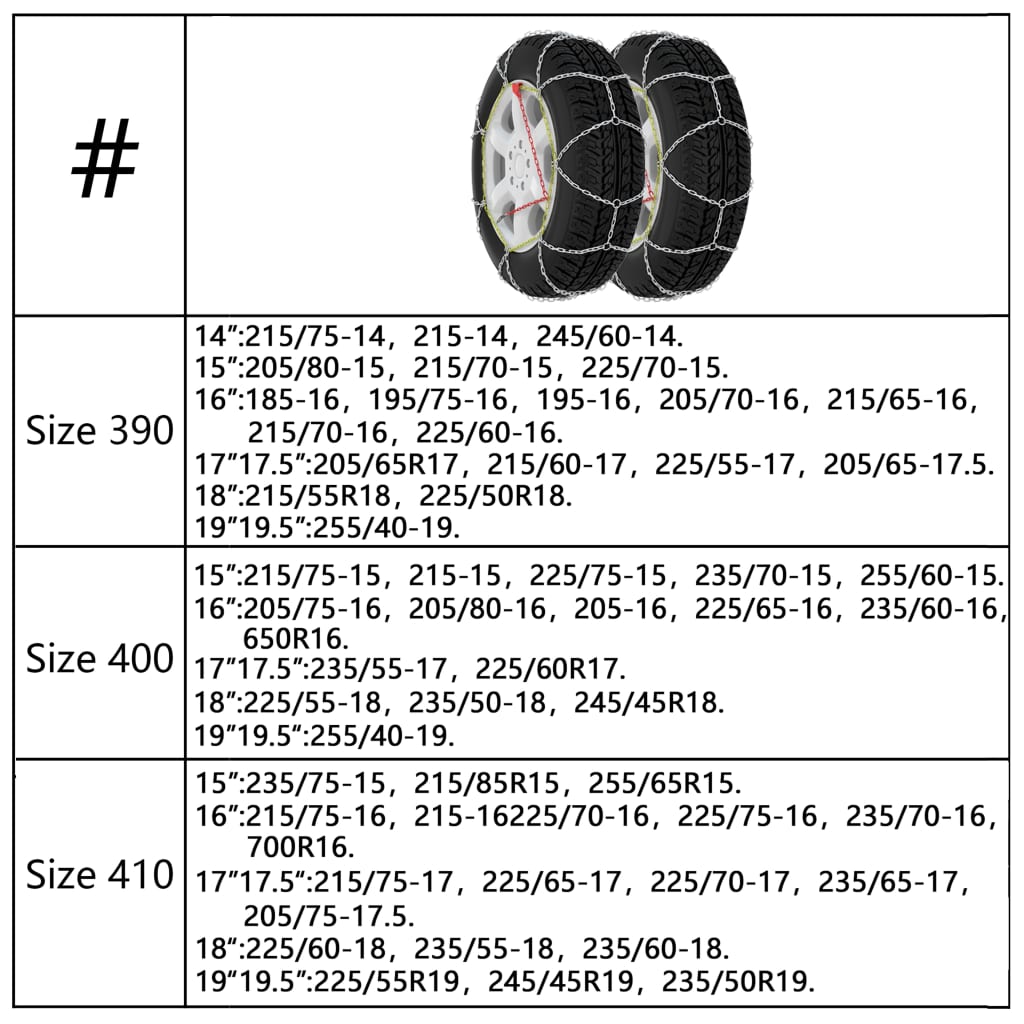 Car Tyre Snow Chains 2 pcs 16 mm SUV 4x4 Size 400