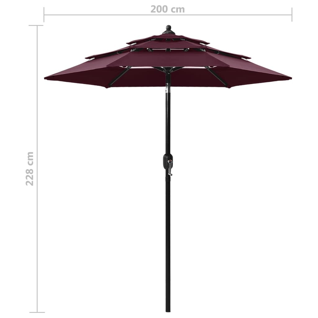 3-Tier Garden Parasol with Aluminium Pole Bordeaux Red 2 m