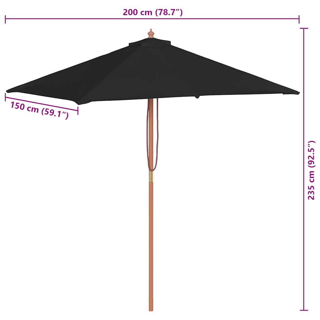 Garden Parasol with Wooden Pole Black 150x200 cm