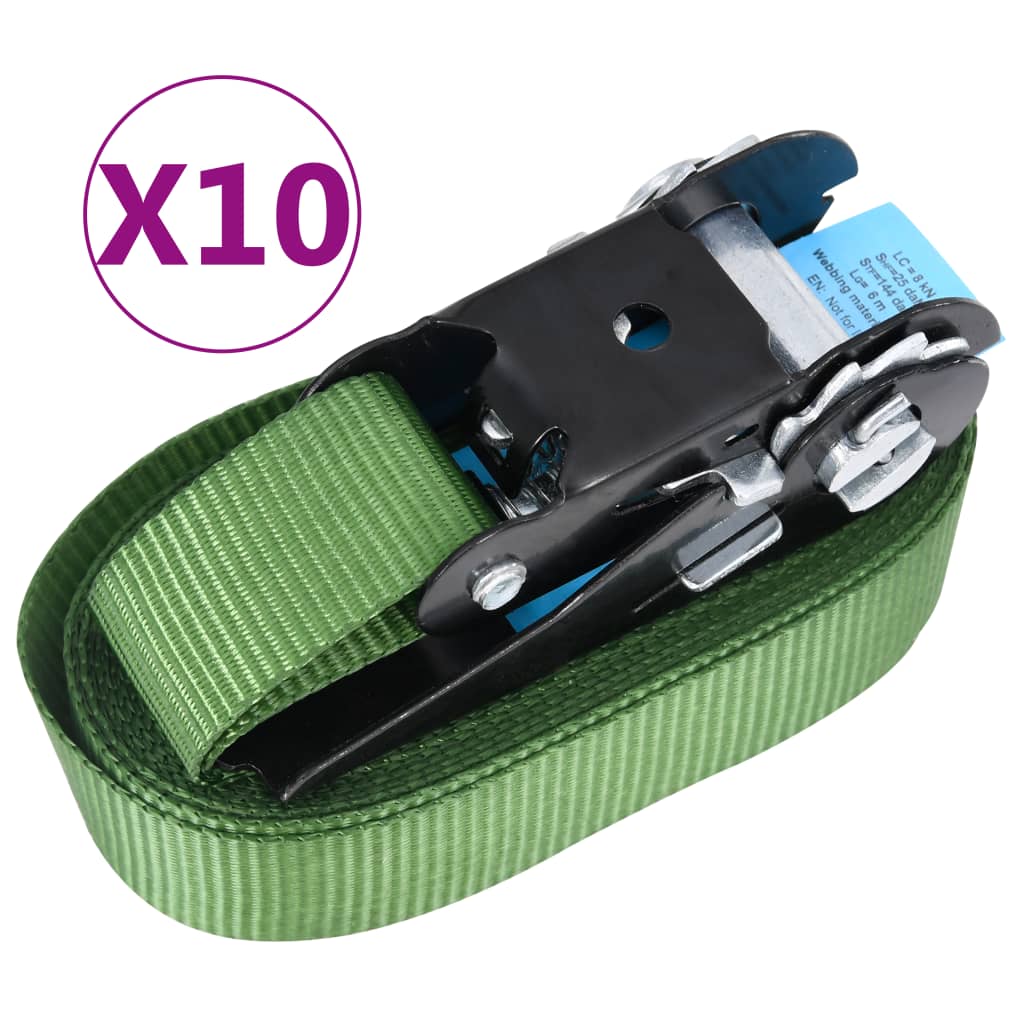 Ratchet Tie Down Straps 10 pcs 800 daN 6 m Green