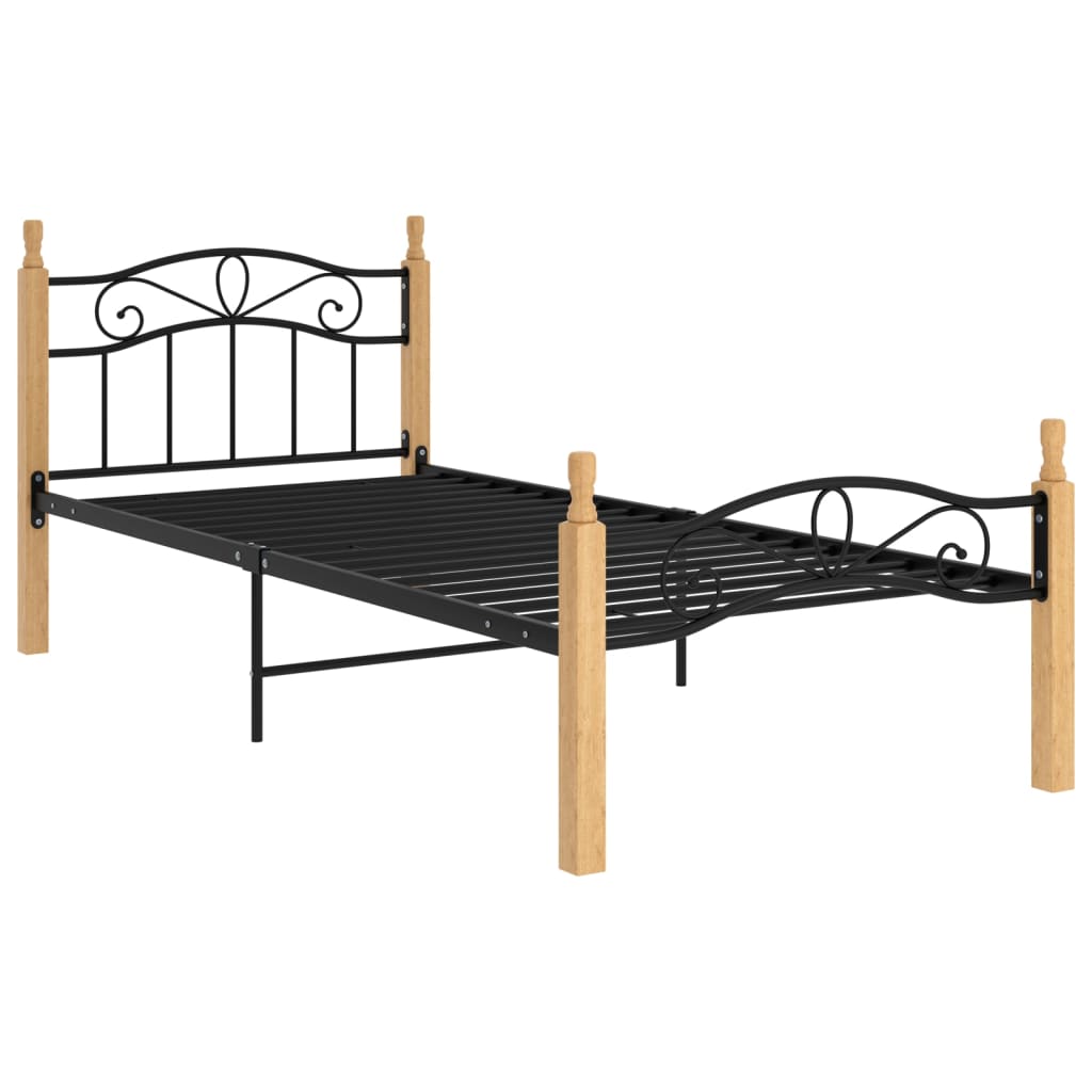 Bed Frame without Mattress Black Metal&Solid Oak Wood 100x200 cm