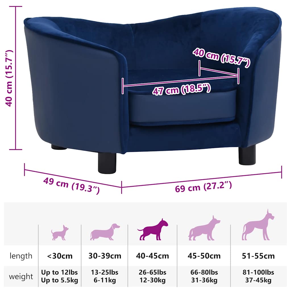 Dog Sofa Blue 69x49x40 cm Plush and Faux Leather