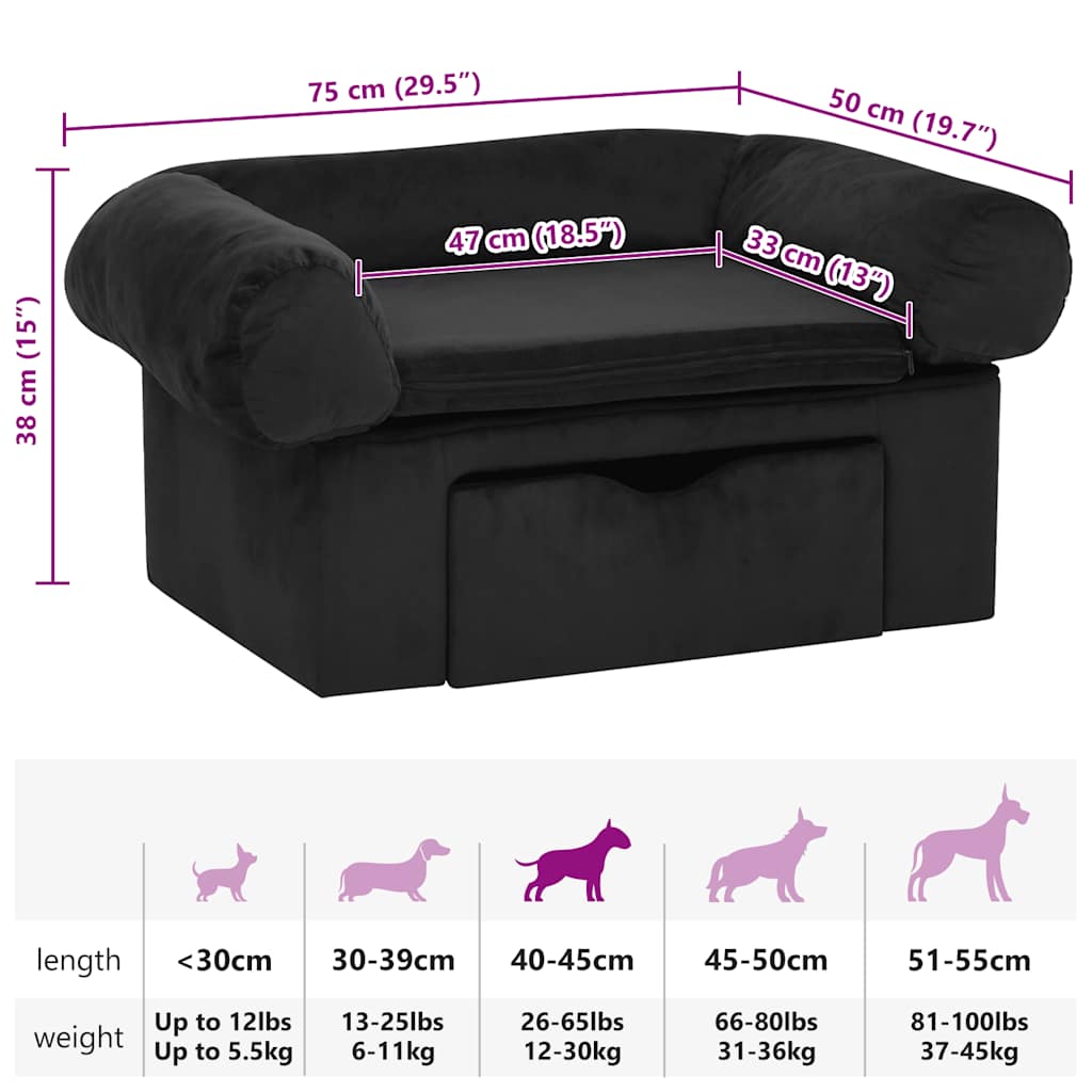 Dog Sofa with Drawer Black 75x50x38 cm Plush