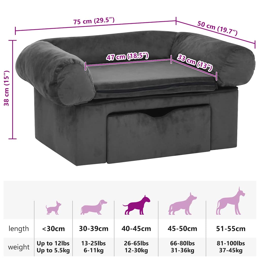 Dog Sofa with Drawer Dark Grey 75x50x38 cm Plush