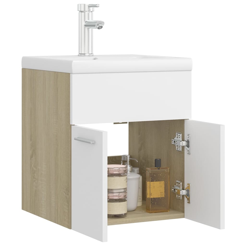 Sink Cabinet with Built-in Basin White and Sonoma Oak Engineered Wood