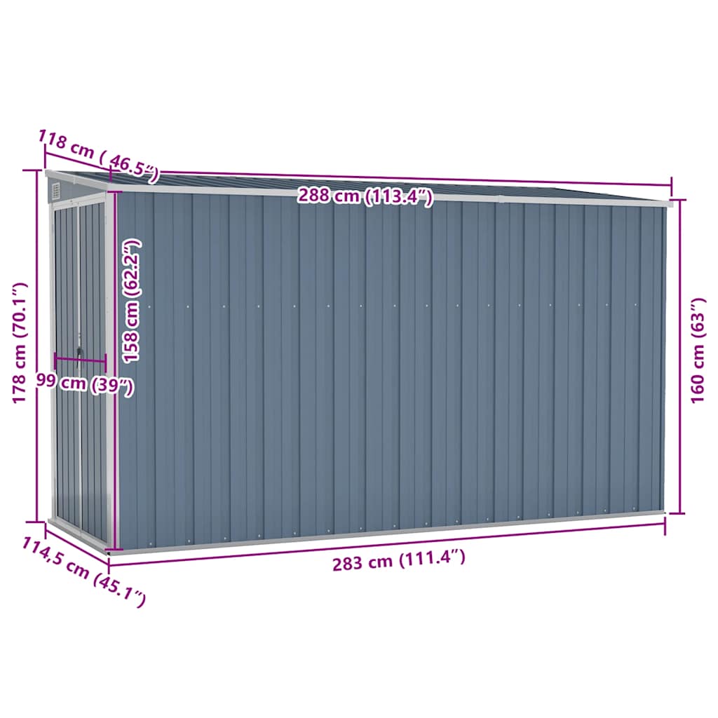 Wall-mounted Garden Shed Grey 118x288x178 cm Galvanised Steel