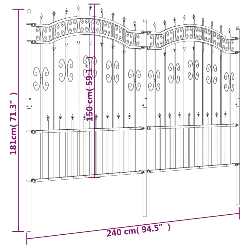 Garden Fence with Spear Top Black 240x150 cm Powder-coated Steel