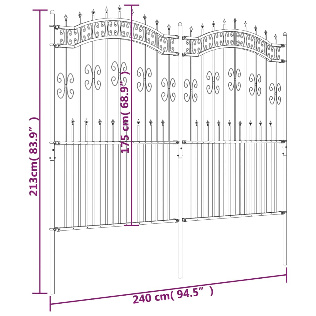 Garden Fence with Spear Top Black 240x175cm Powder-coated Steel