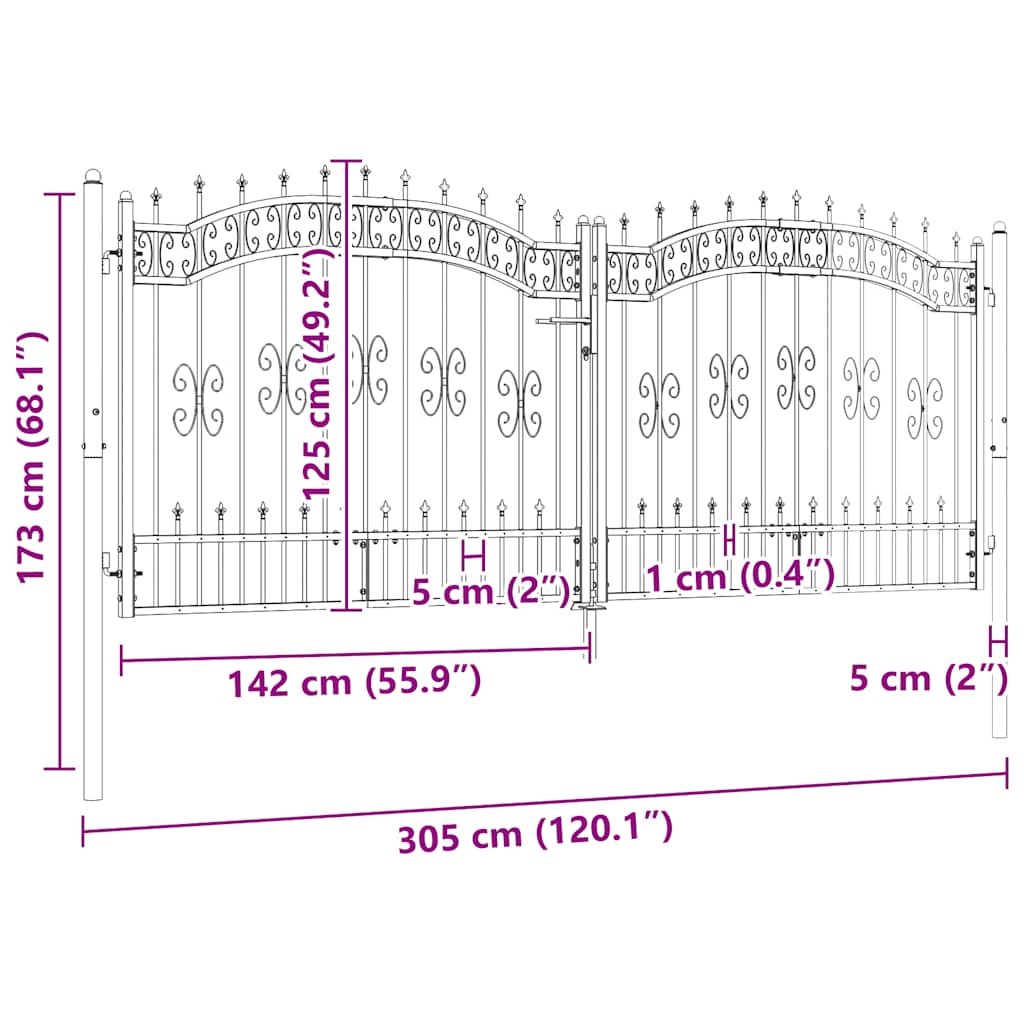 Fence Gate with Spear Top Black 305x125 cm Powder-coated Steel