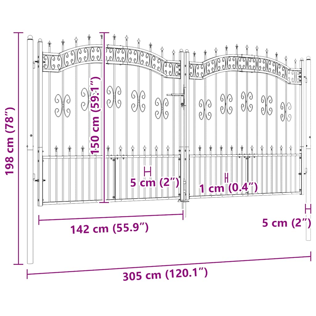 Fence Gate with Spear Top Black 305x150 cm Powder-coated Steel