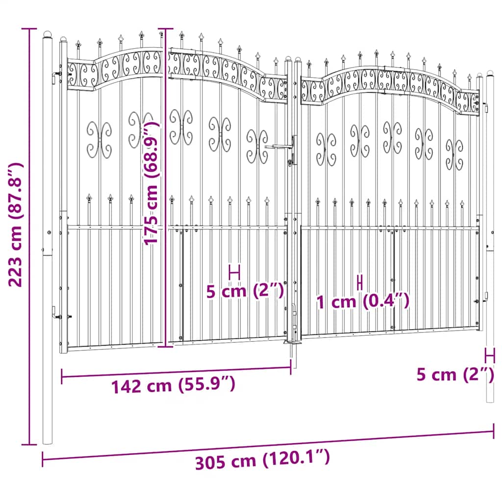 Fence Gate with Spear Top Black 305x175 cm Powder-coated Steel