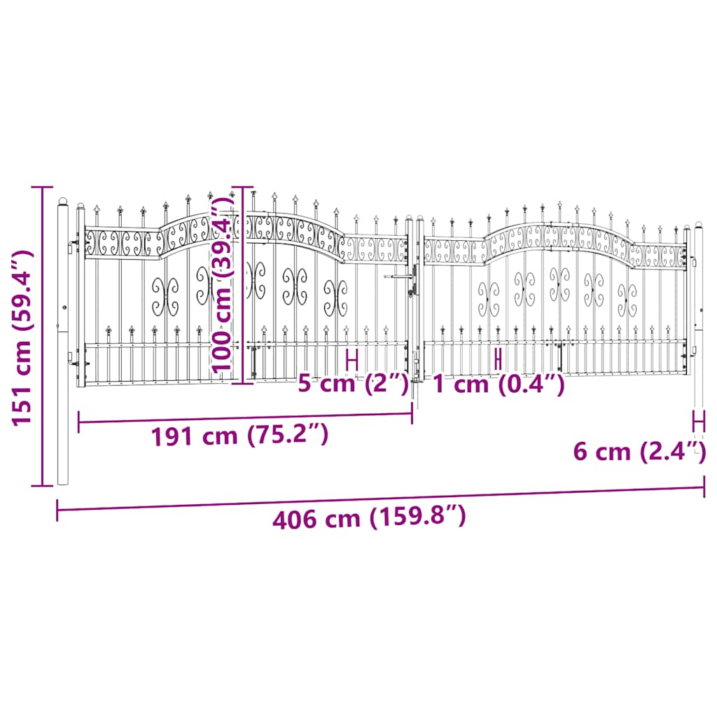 Fence Gate with Spear Top Black 406x100 cm Powder-coated Steel
