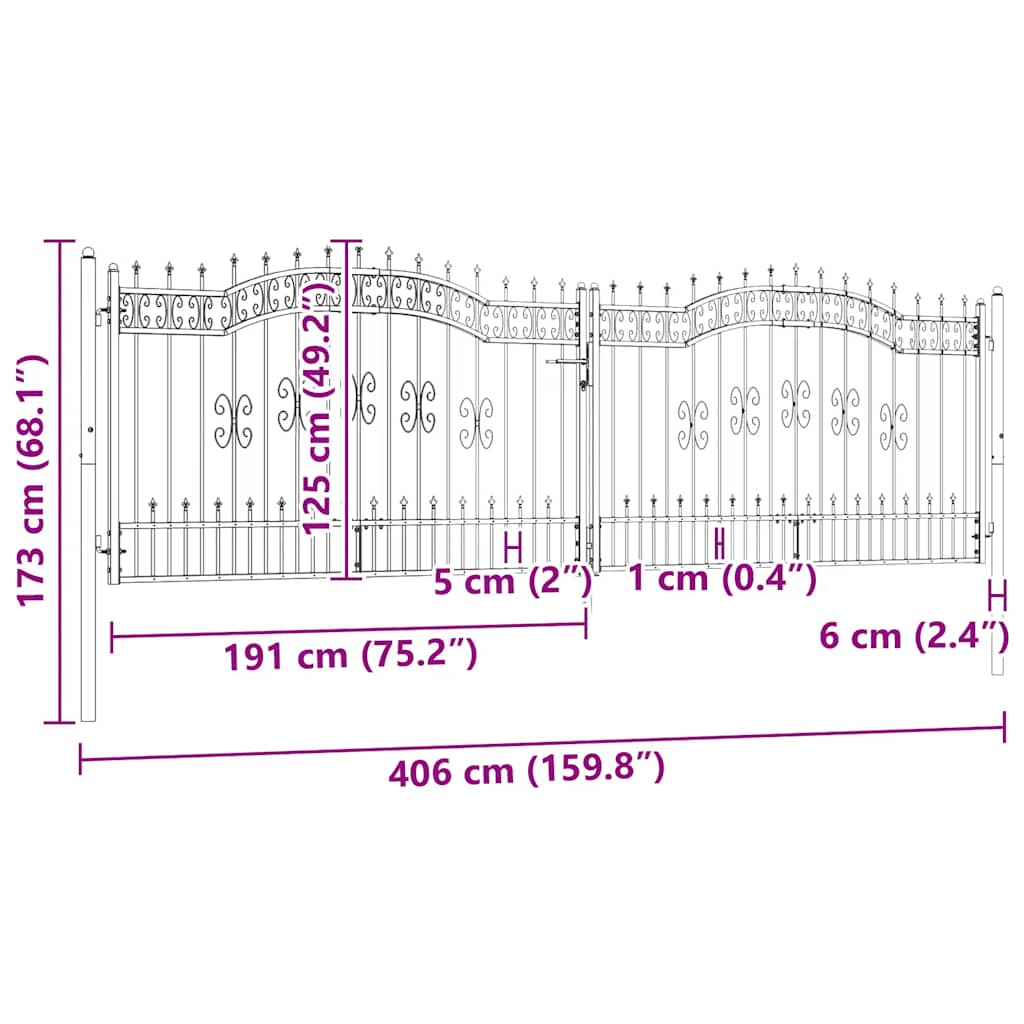 Fence Gate with Spear Top Black 406x125 cm Powder-coated Steel