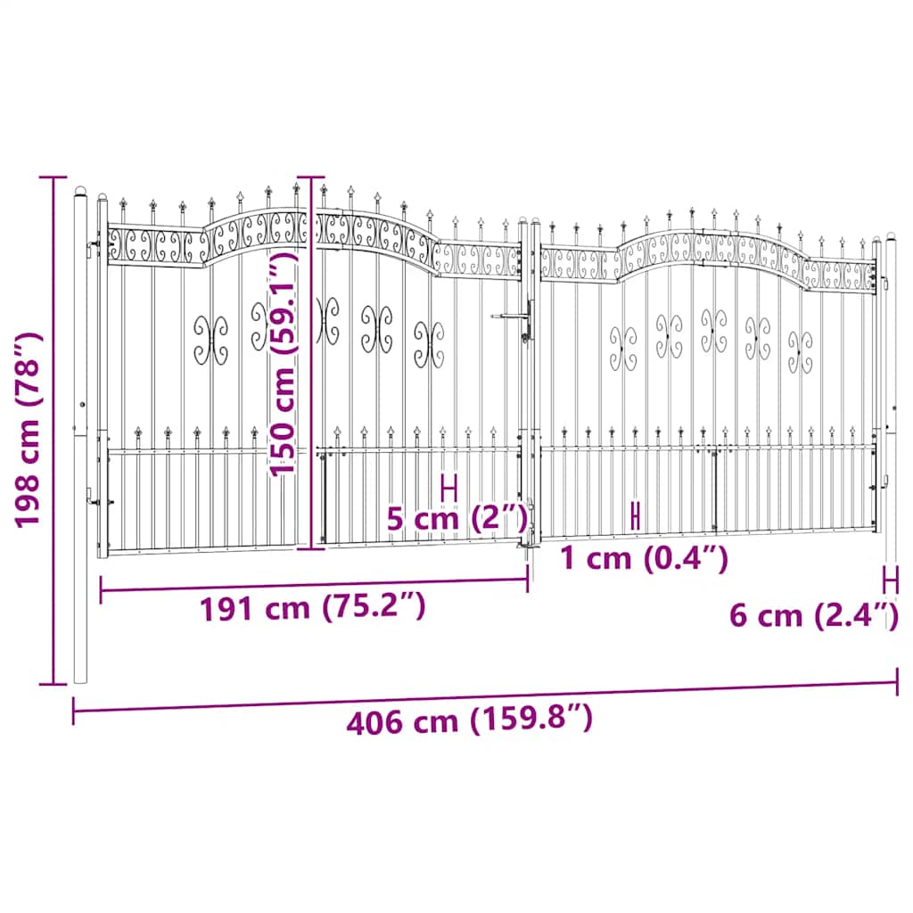 Fence Gate with Spear Top Black 406x150 cm Powder-coated Steel