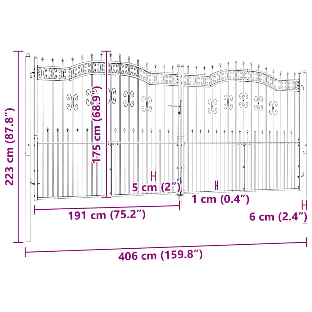 Fence Gate with Spear Top Black 406x175 cm Powder-coated Steel