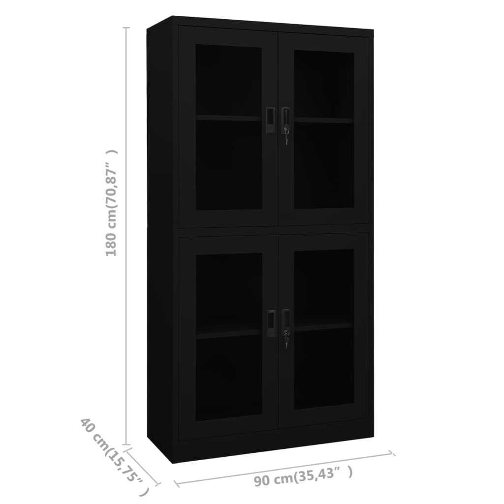 Office Cabinet Black 90x40x180 cm Steel and Tempered Glass