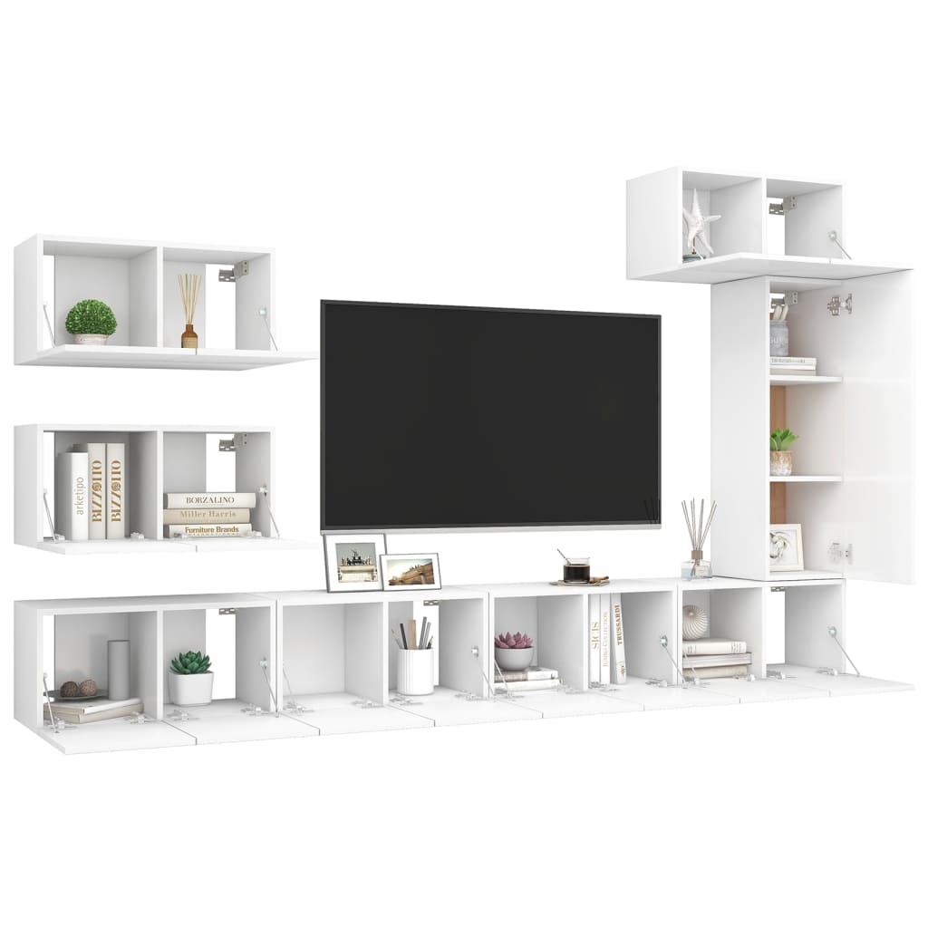 8 Piece TV Cabinet Set White Engineered Wood
