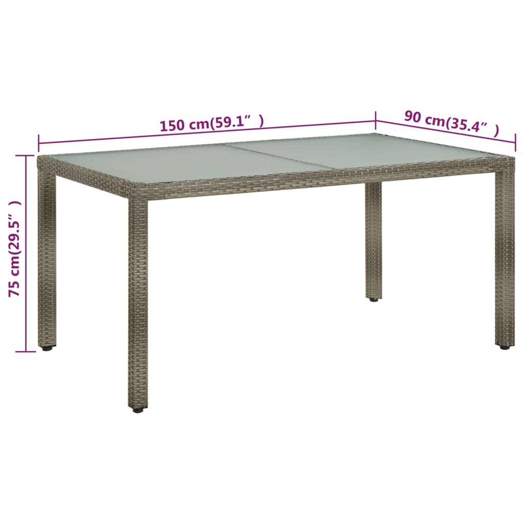 Garden Table 150x90x75 cm Tempered Glass and Poly Rattan Grey