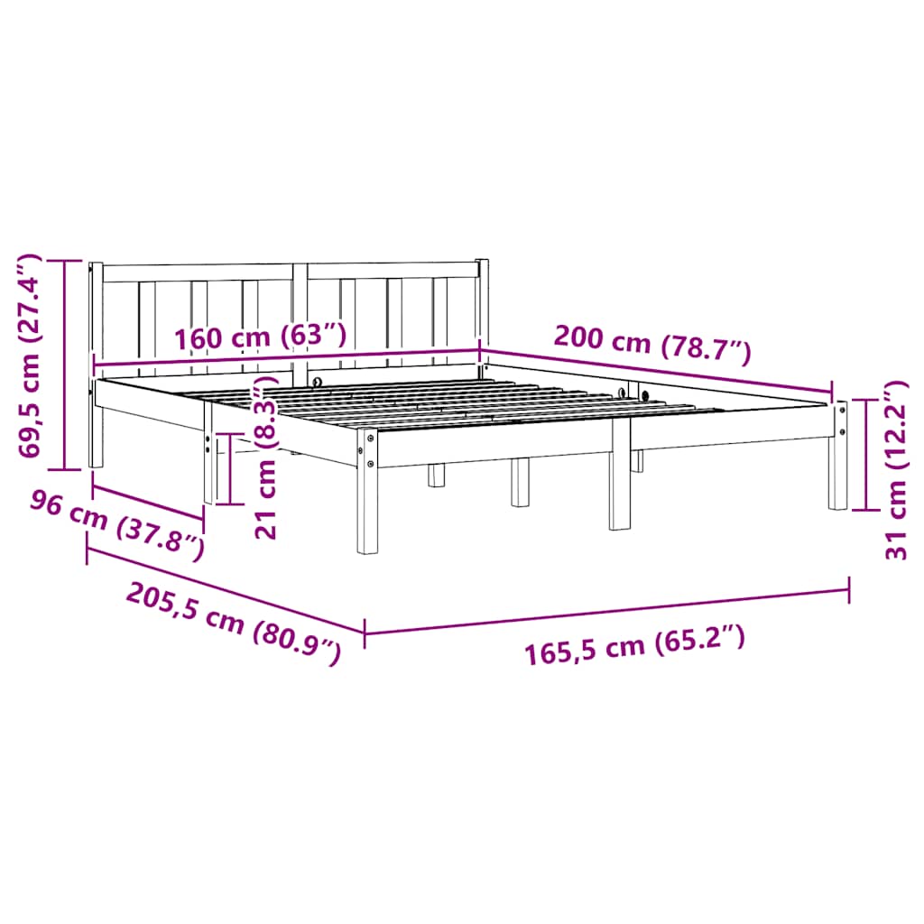 810092 vidaXL Bed Frame without Mattress Solid Wood 160x200 cm