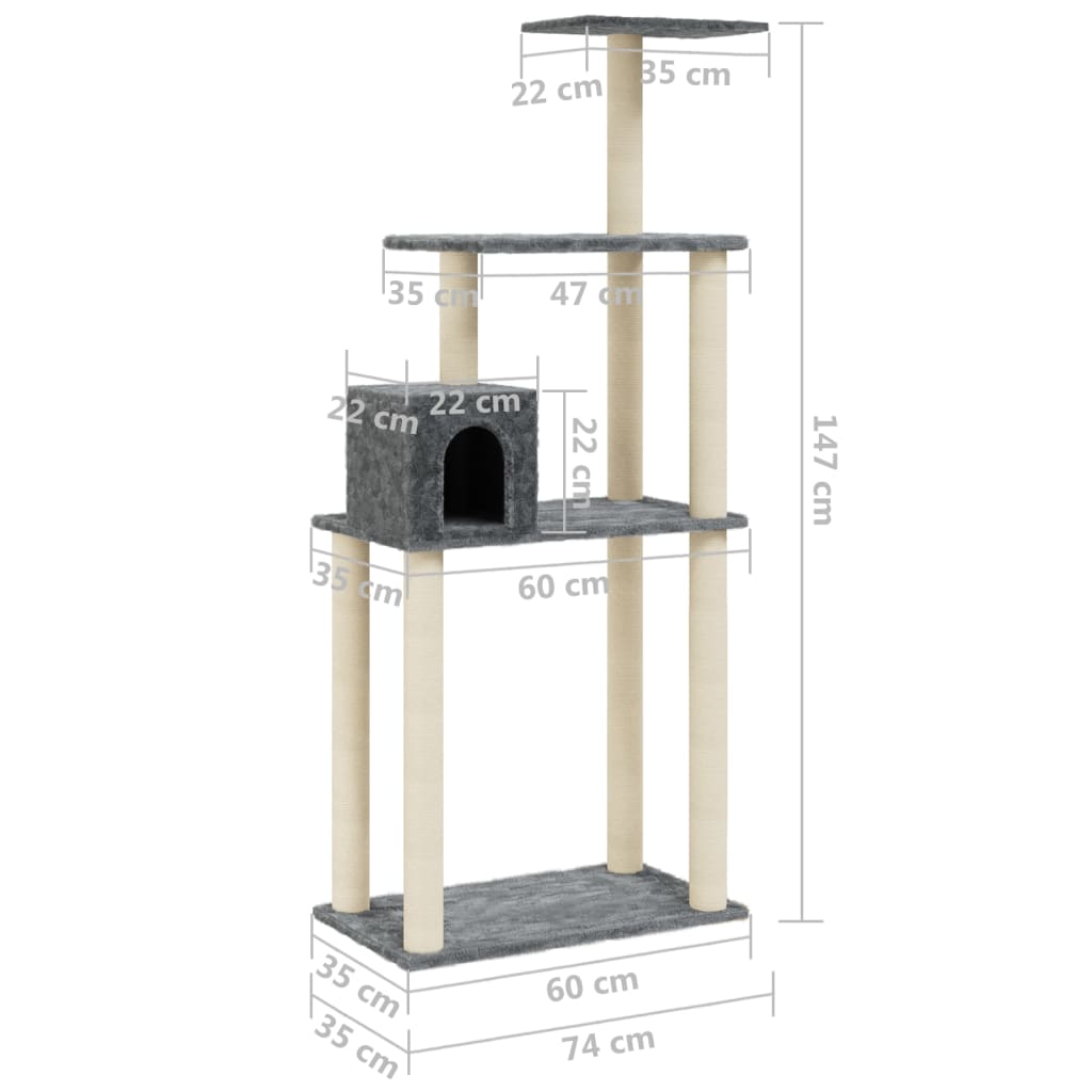 Cat Tree with Sisal Scratching Posts Dark Grey 147 cm