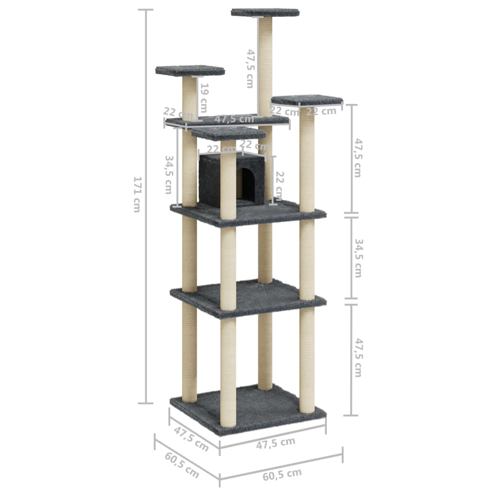 Cat Tree with Sisal Scratching Posts Dark Grey 171 cm