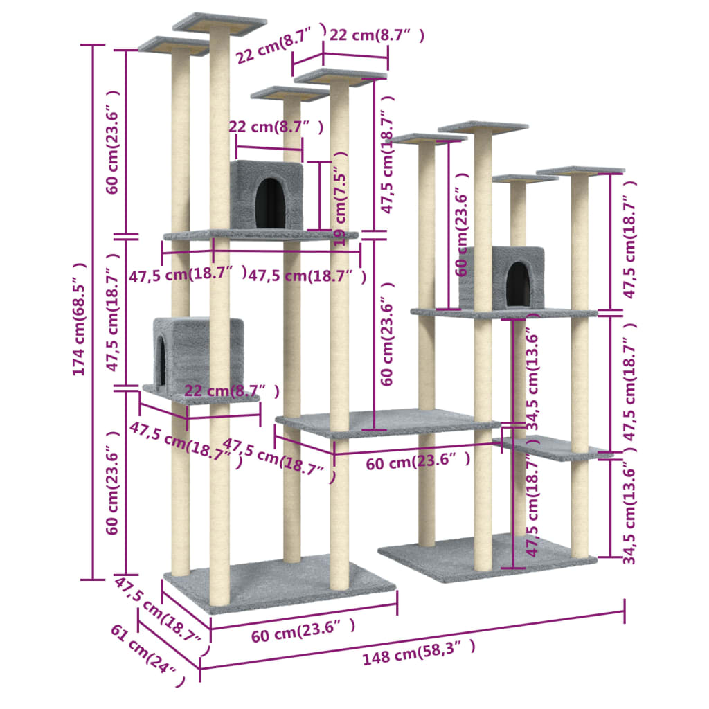 Cat Tree with Sisal Scratching Posts Light Grey 174 cm