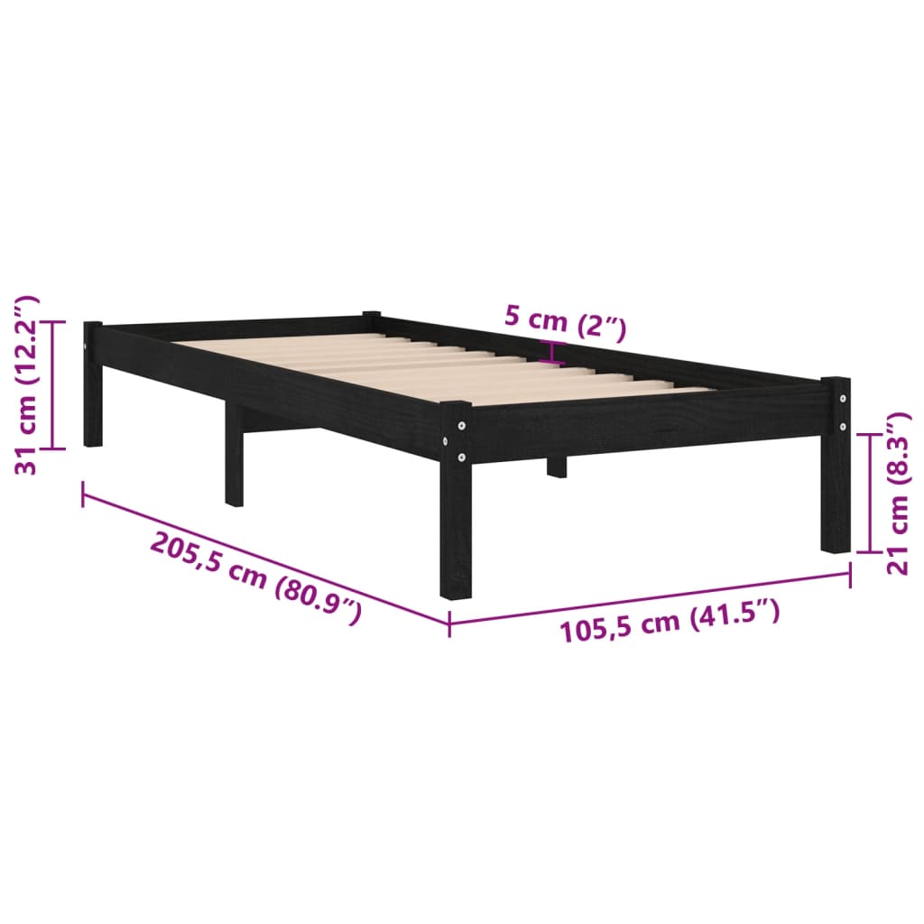 810011 vidaXL Bed Frame without Mattress Black Solid Wood 100x200 cm