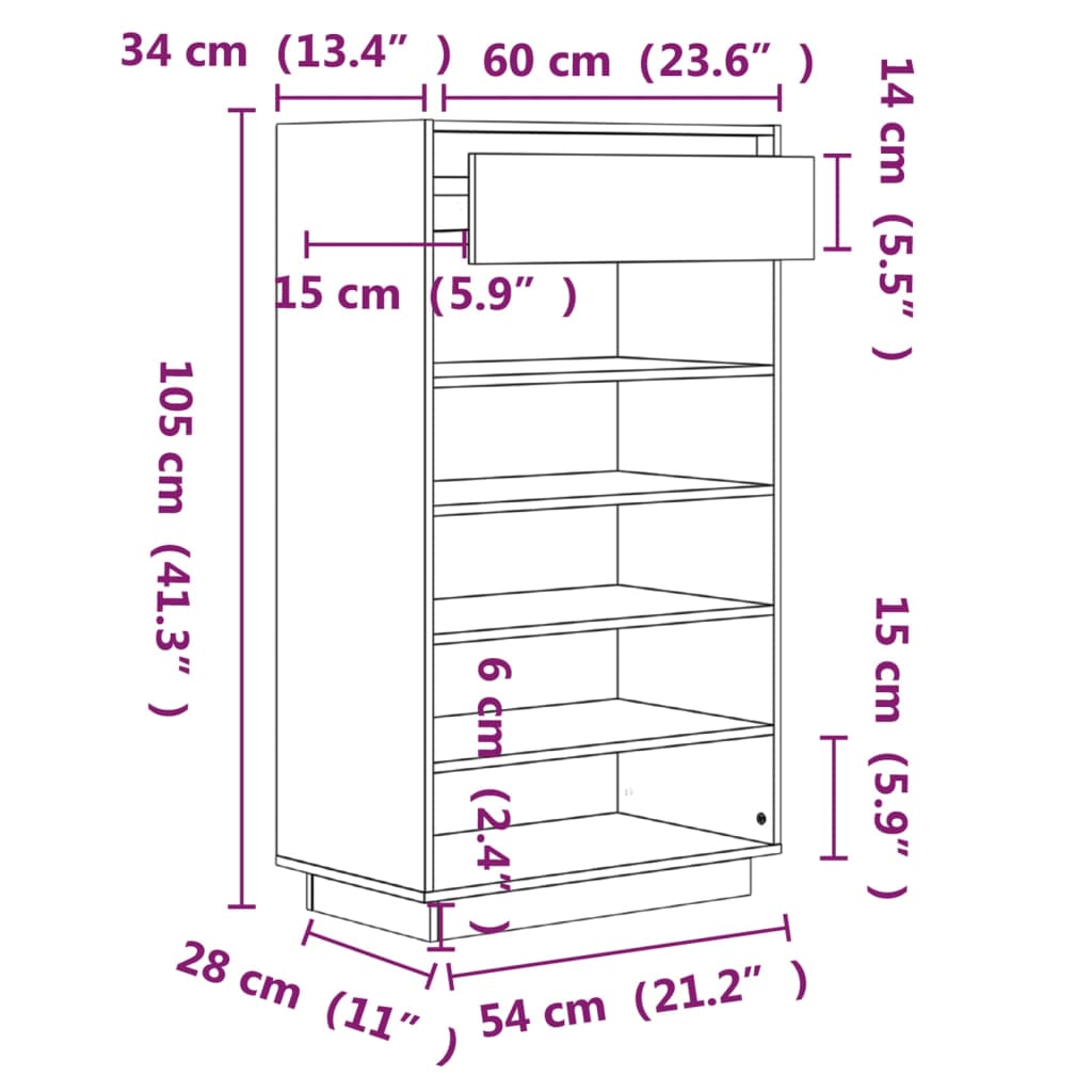 Shoe Cabinet Black 60x34x105 cm Solid Wood Pine