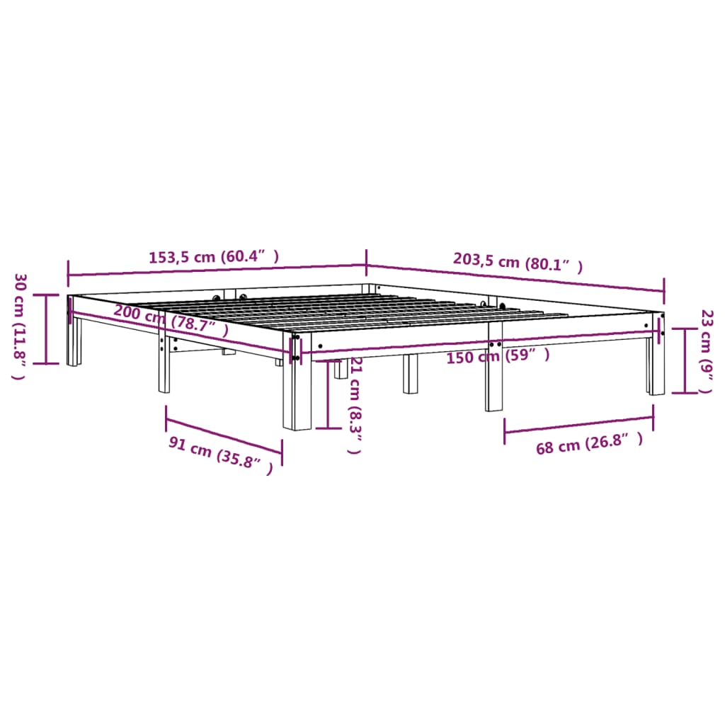 Bed Frame without Mattress White Solid Wood 150x200cm King Size