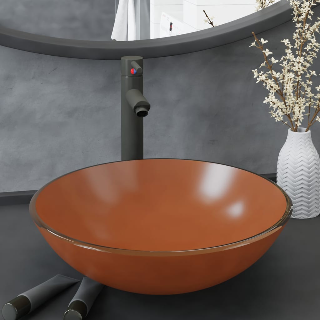 Bathroom Sink with Tap and Push Drain Brown Tempered Glass