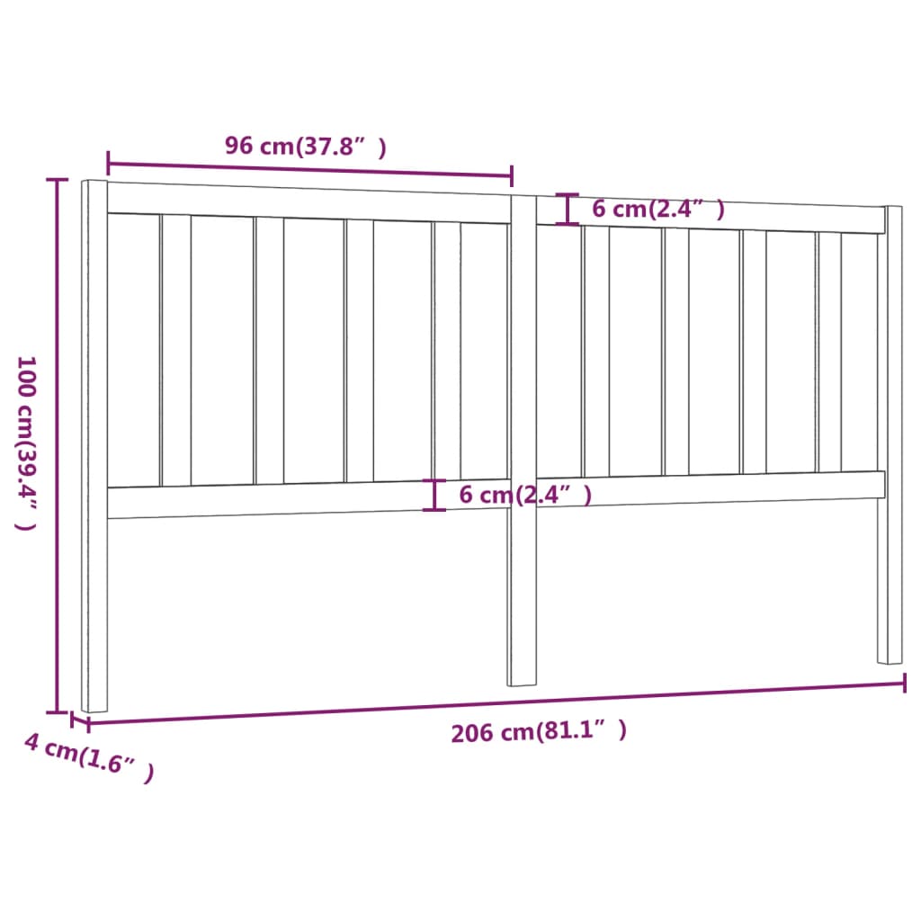 Bed Headboard Black 206x4x100 cm Solid Wood Pine