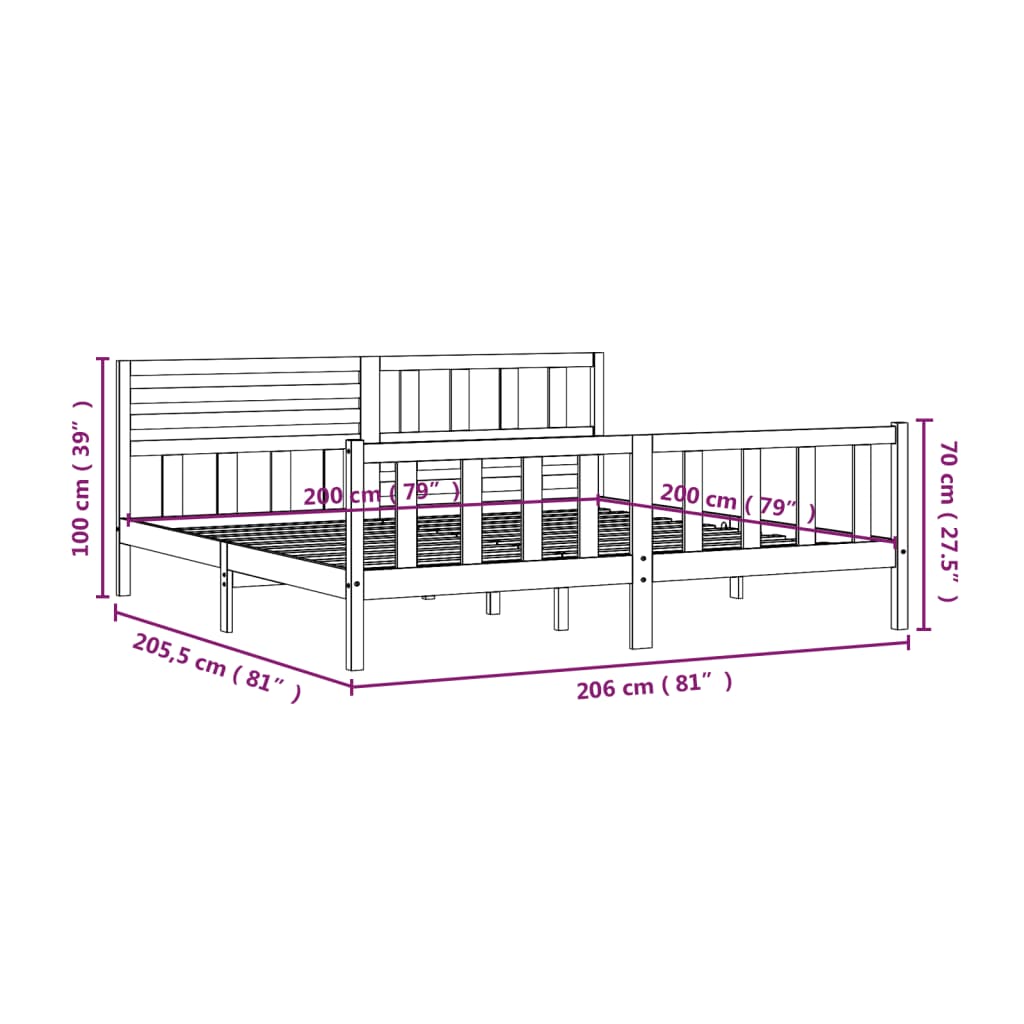 3101175 vidaXL Bed Frame without Mattress Grey Solid Wood 200x200 cm (810104+814166)