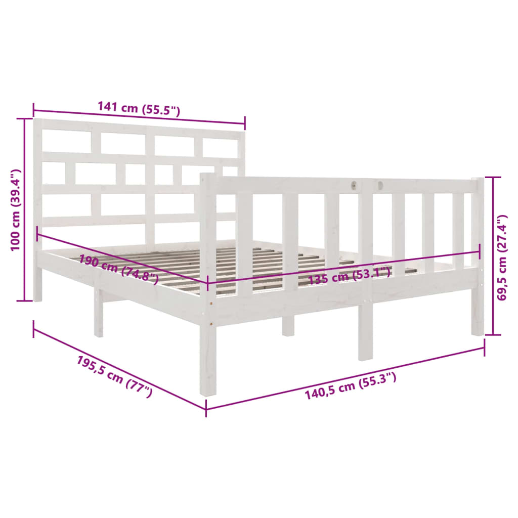 Bed Frame without Mattress White Solid Wood Pine Double