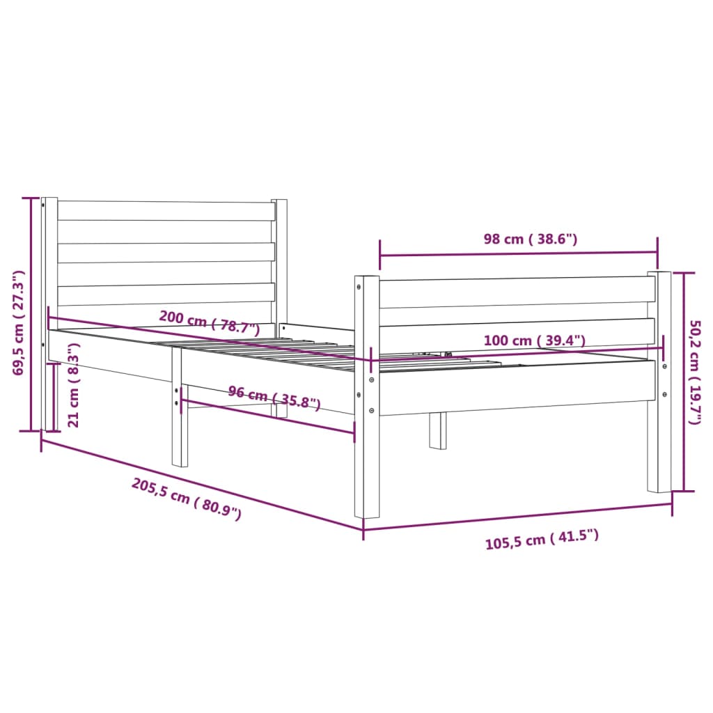 Bed Frame without Mattress White Solid Wood 100x200 cm