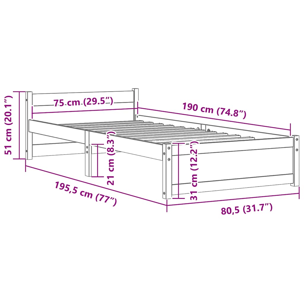 Bed Frame without Mattress Honey Brown Solid Wood 75x190 cm Small Single