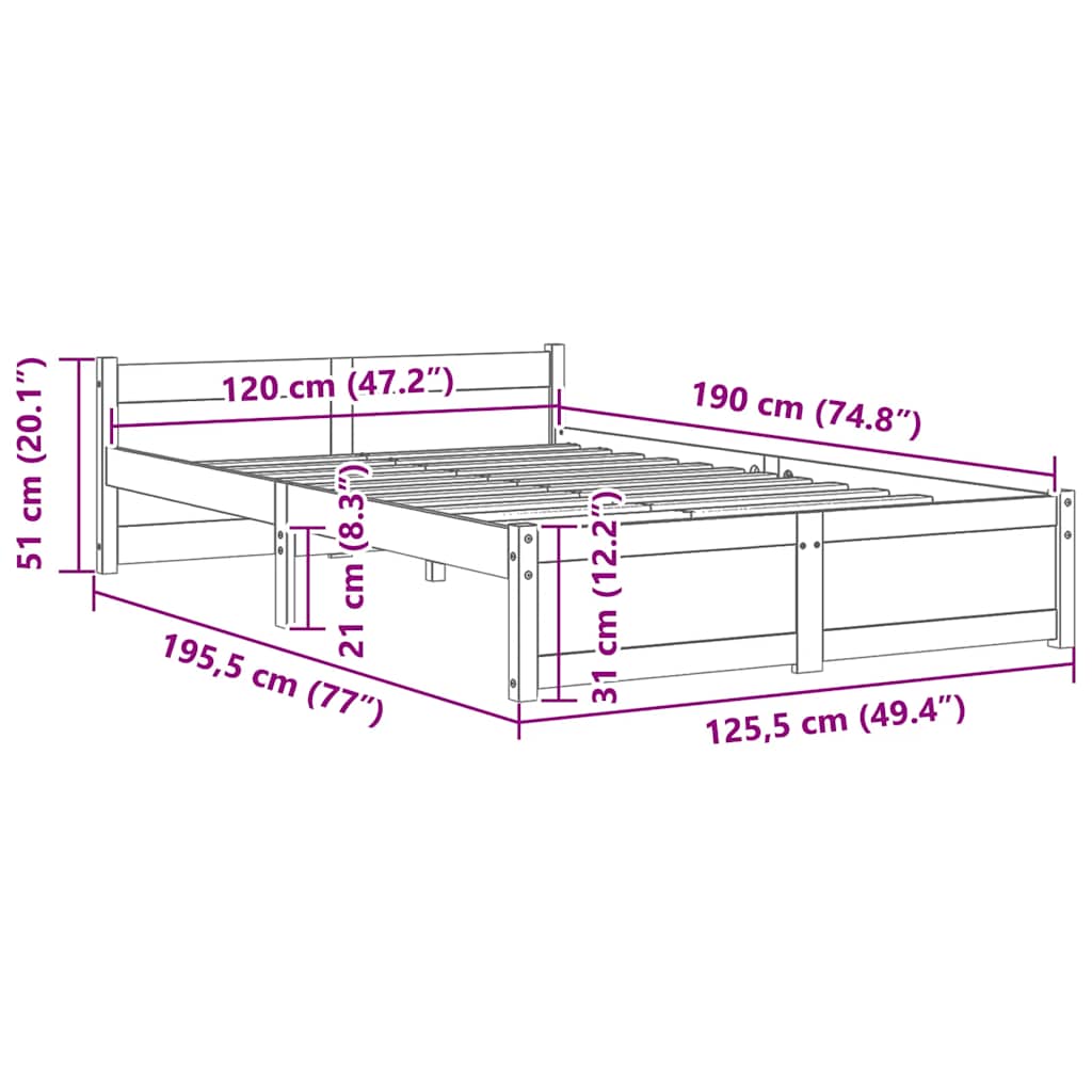 Bed Frame without Mattress White Solid Wood 120x190 cm Small Double