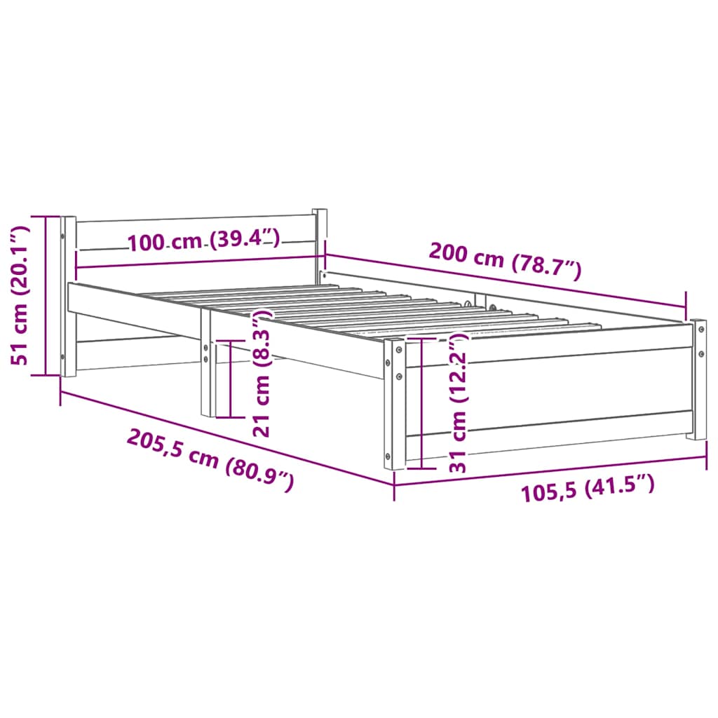 Bed Frame without Mattress White Solid Wood 100x200 cm