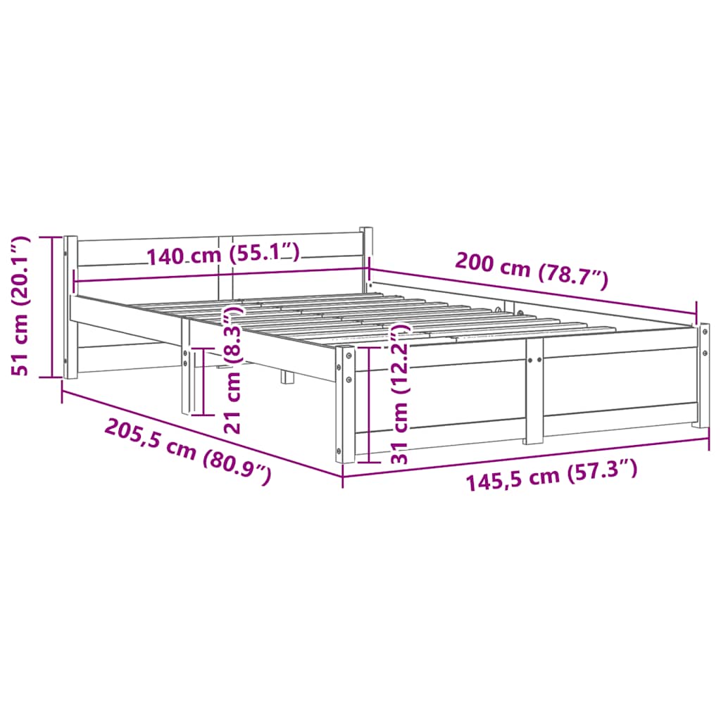 Bed Frame without Mattress Solid Wood 140x200 cm