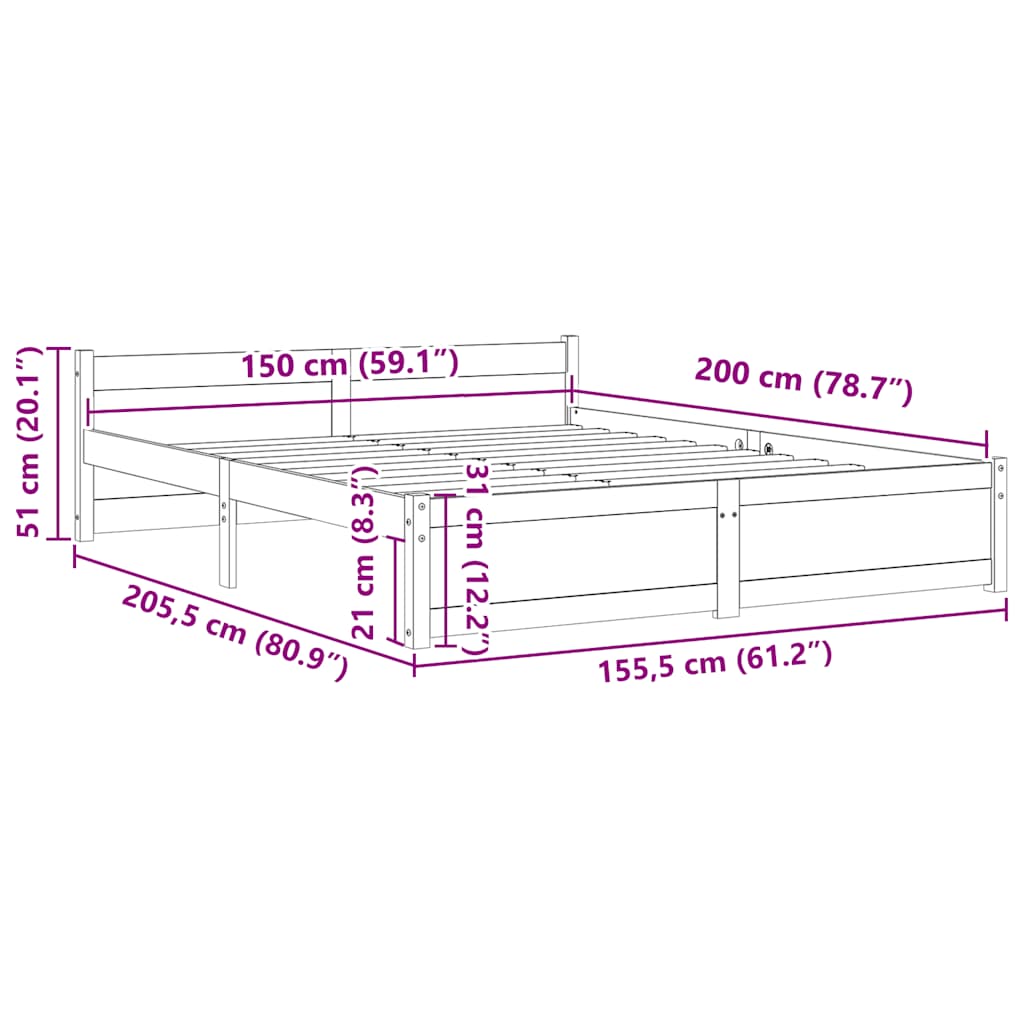 Bed Frame without Mattress White Solid Wood 150x200 cm King Size King Size
