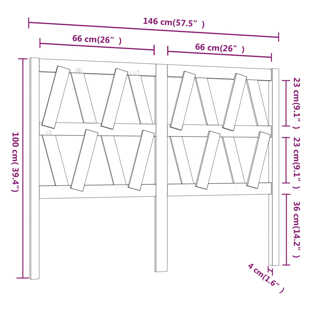 Bed Headboard Black 146x4x100 cm Solid Wood Pine