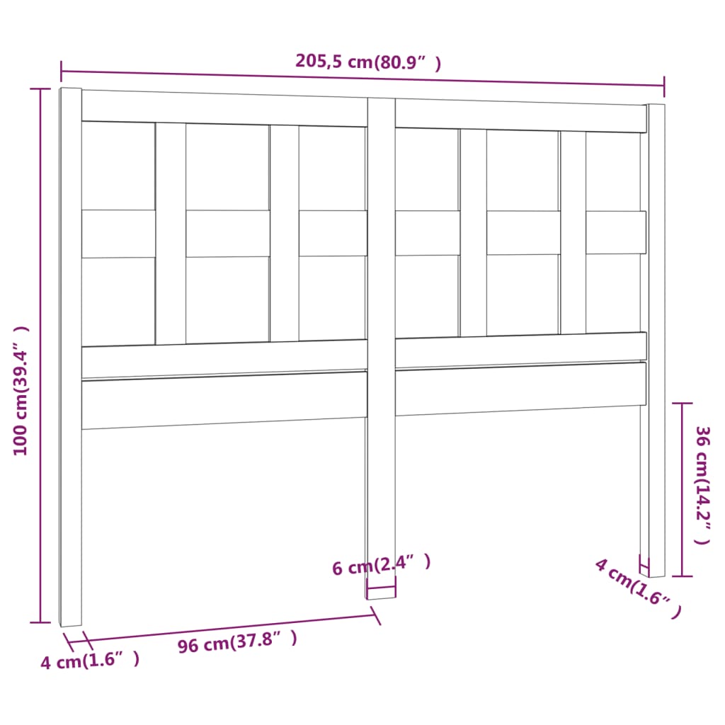 Bed Headboard Black 205.5x4x100 cm Solid Wood Pine