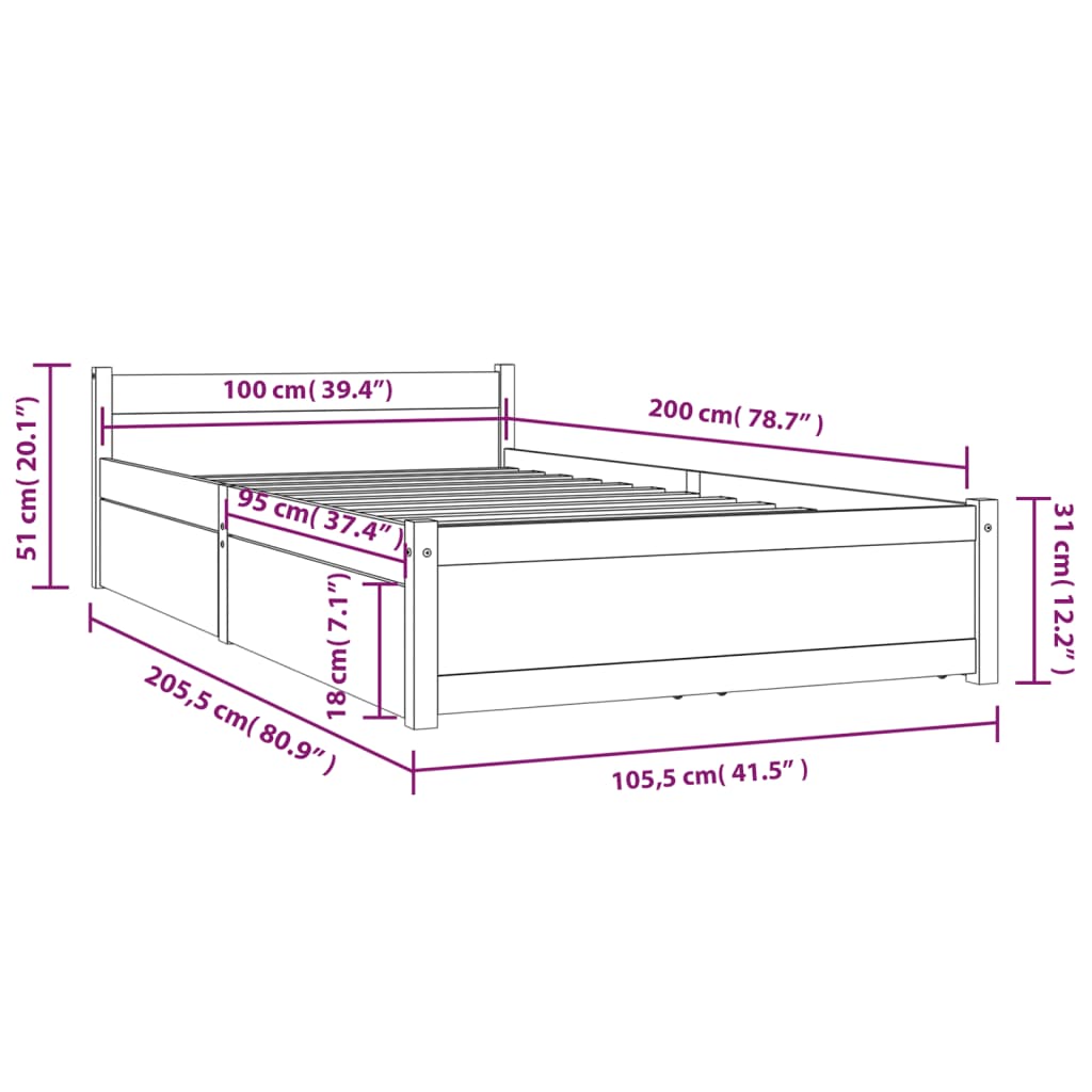 3103488 vidaXL Bed Frame without Mattress with Drawers 100x200 cm (815034+814989)
