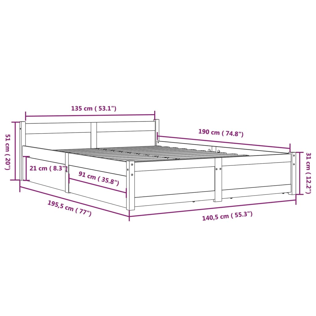 Bed Frame without Mattress with Drawers White Double