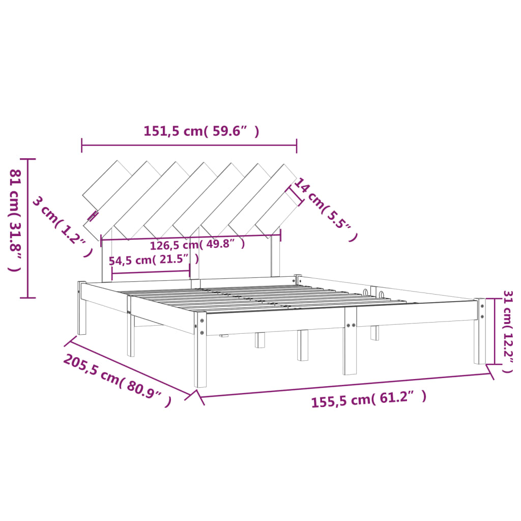 Bed Frame without Mattress White 150x200 cm King Size King Size Solid Wood