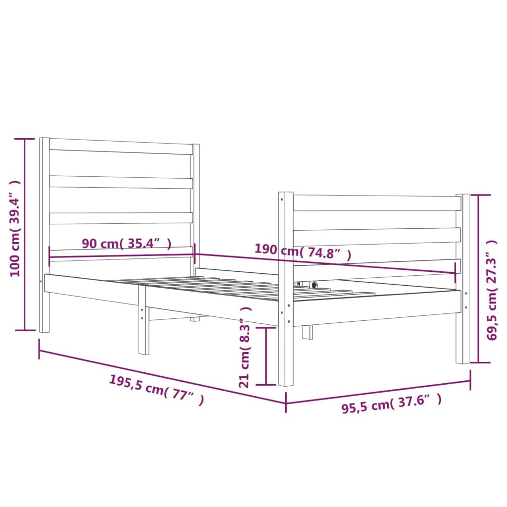 Bed Frame without Mattress White Solid Wood Pine 90x190 cm Single Single