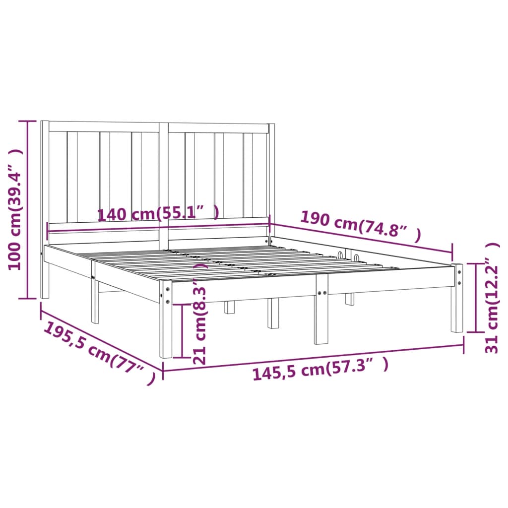 Bed Frame without Mattress Black Solid Wood Pine 140x190 cm