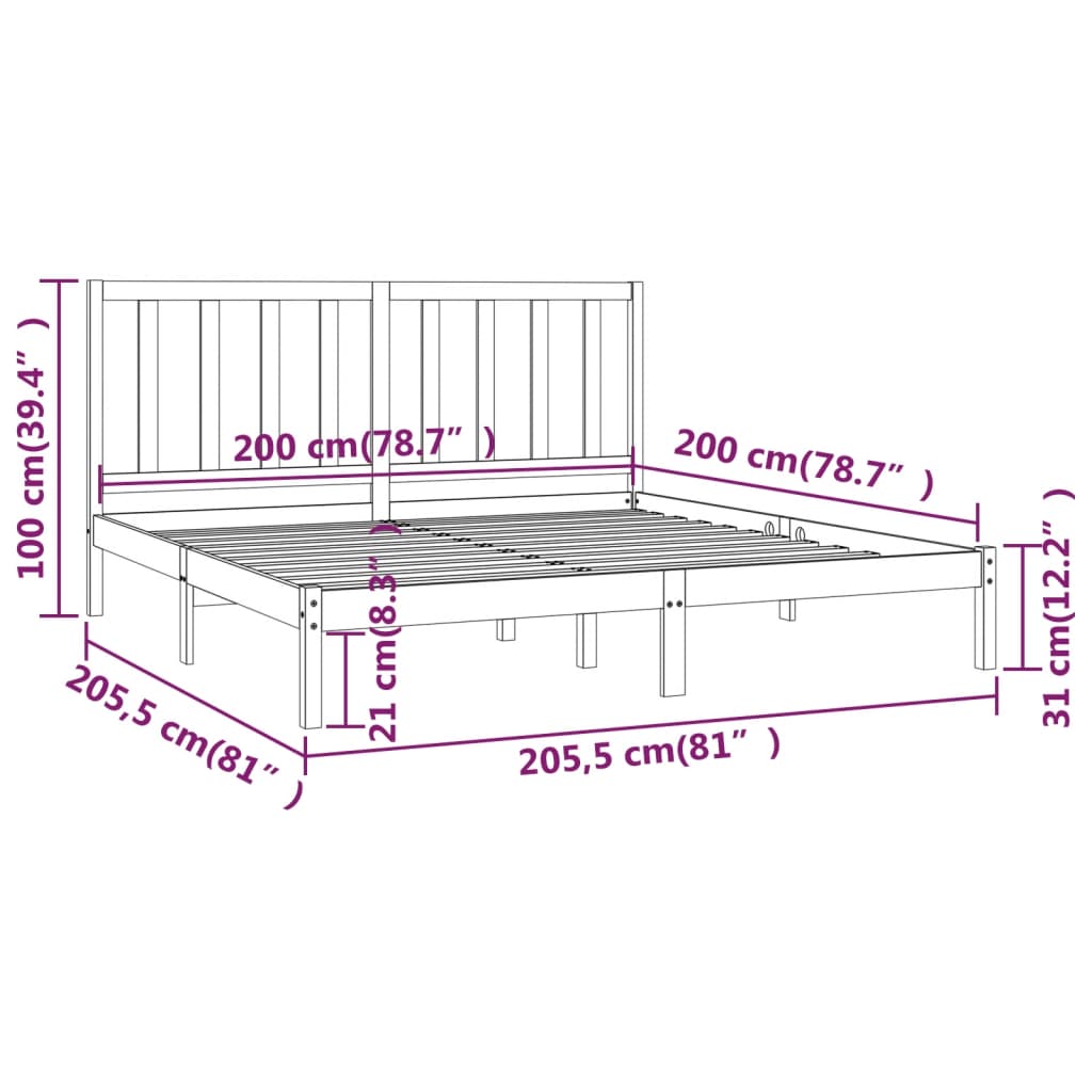 Bed Frame without Mattress White Solid Wood Pine 200x200 cm