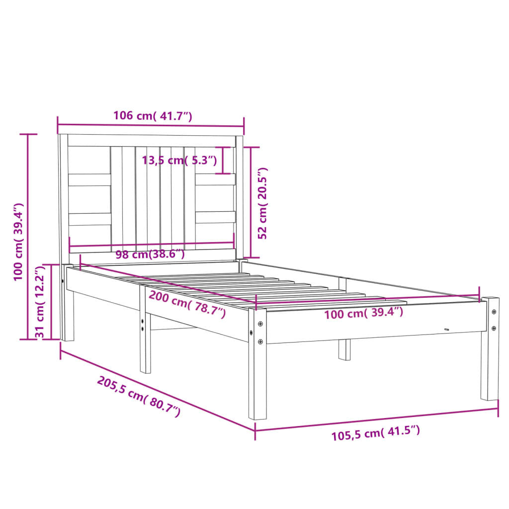 Bed Frame without Mattress 100x200 cm Solid Wood