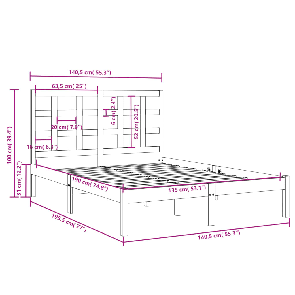 Bed Frame without Mattress 135x190 cm Double Solid Wood